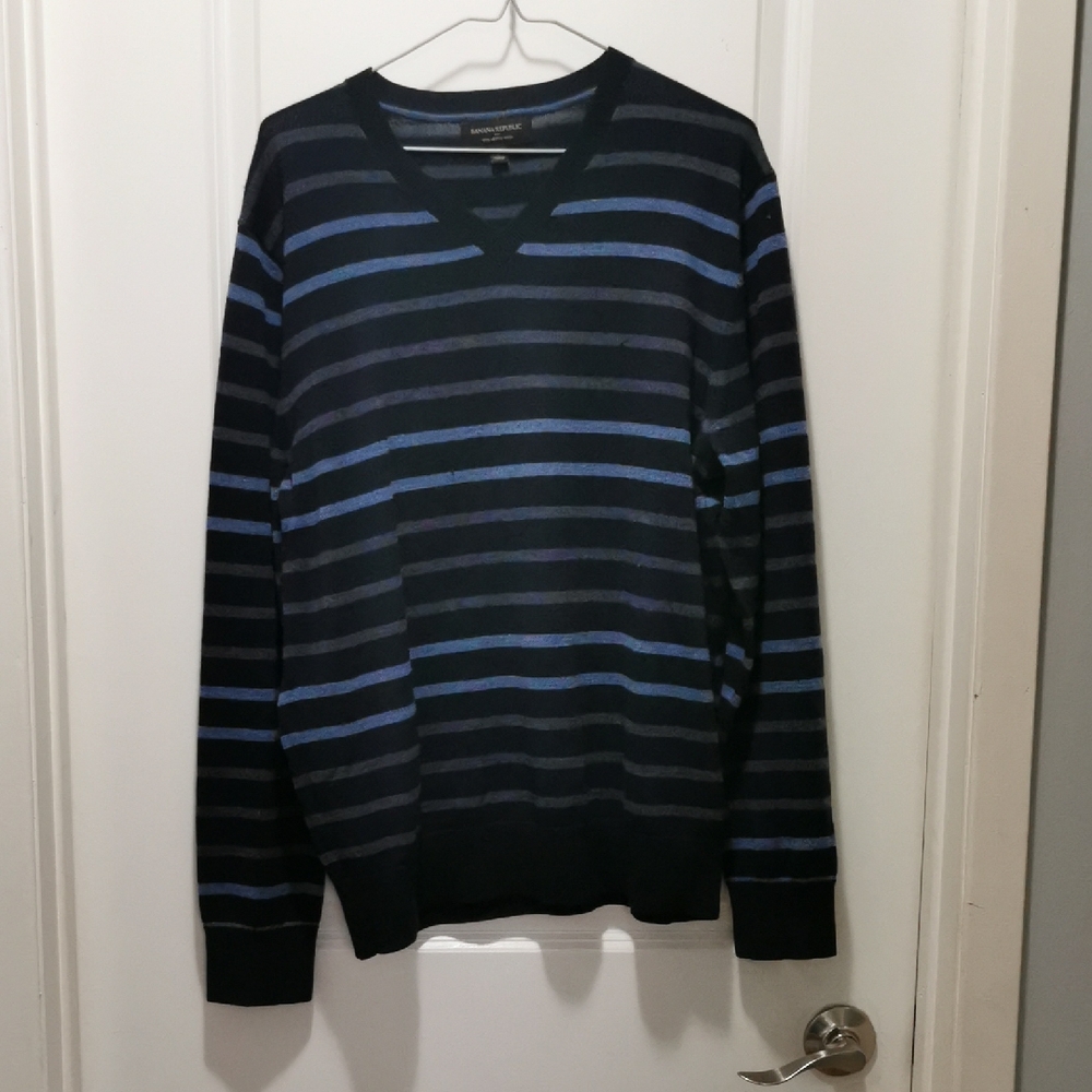 Banana Republic Merino Wool ‎ V-Neck Sweater - Black and Blue Stripes